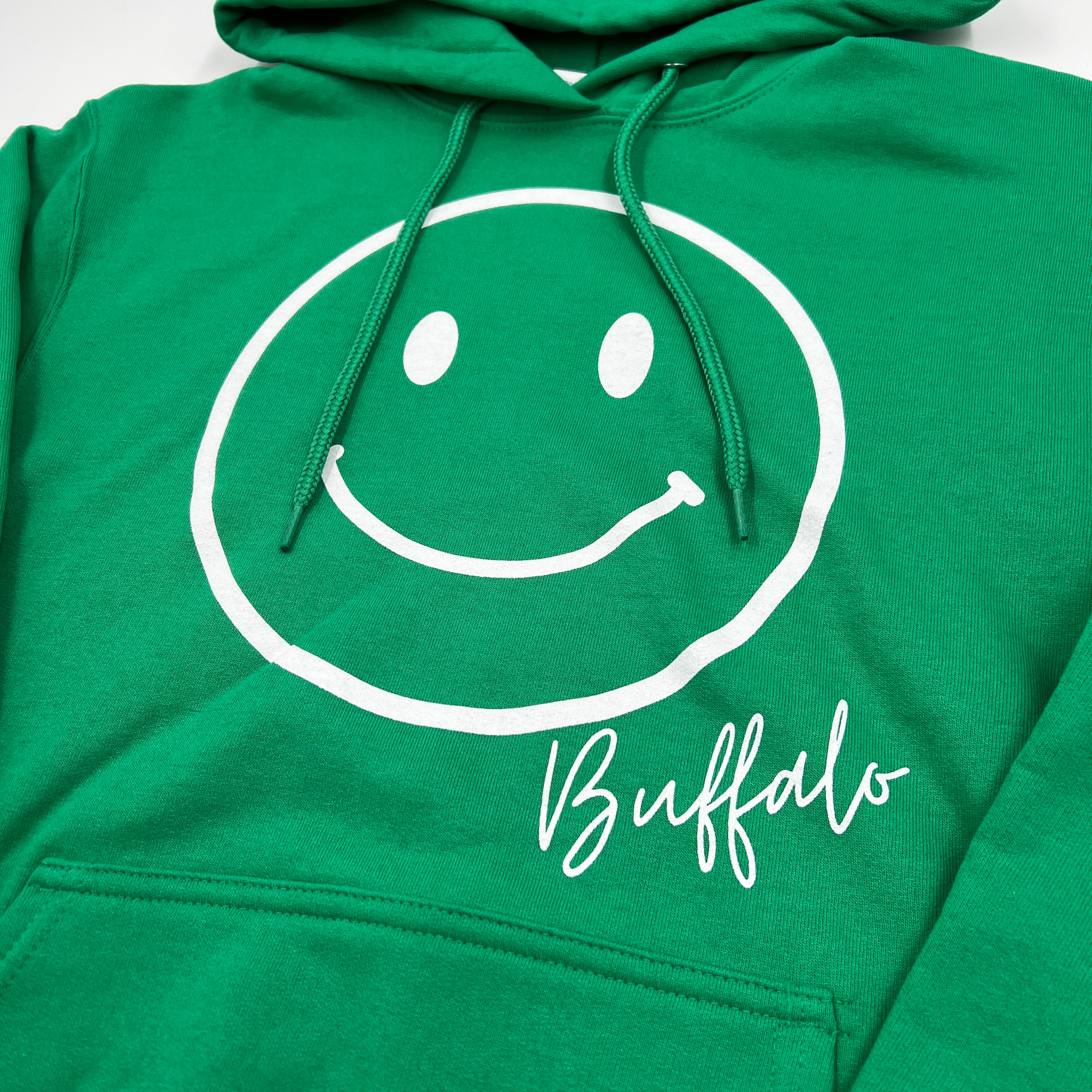 Smiley Face With Buffalo Wordmark Green Hoodie