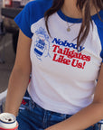 Women's BFLO x Labatt Nobody Tailgates Like Us! White & Royal Baby Tee