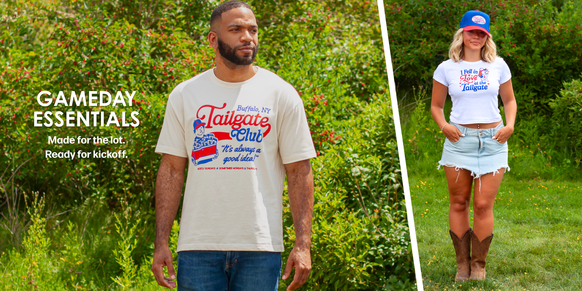 A split outdoor photo showing two models wearing a white graphic T-shirt. The left side shows a man in jeans with the text 'GAMEDAY ESSENTIALS' on the left, and the right side shows a woman in denim shorts and boots wearing a blue cap with the Buffalo tailgate club logo.