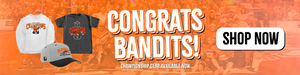 Buffalo Bandits banner showing their 2023 NLL Championship shirt and hat on the left and in the center reading congrats bandits! Championship gear available now with a shop now button