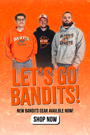 mobile web banner showing 3 guys posing and wearing buffalo bandits sweatshirts. the words on the screen say let's go bandits, new bandits gear available now.