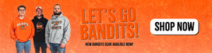 web banner showing 3 guys posing and wearing buffalo bandits sweatshirts. the words on the screen say let's go bandits, new bandits gear available now.