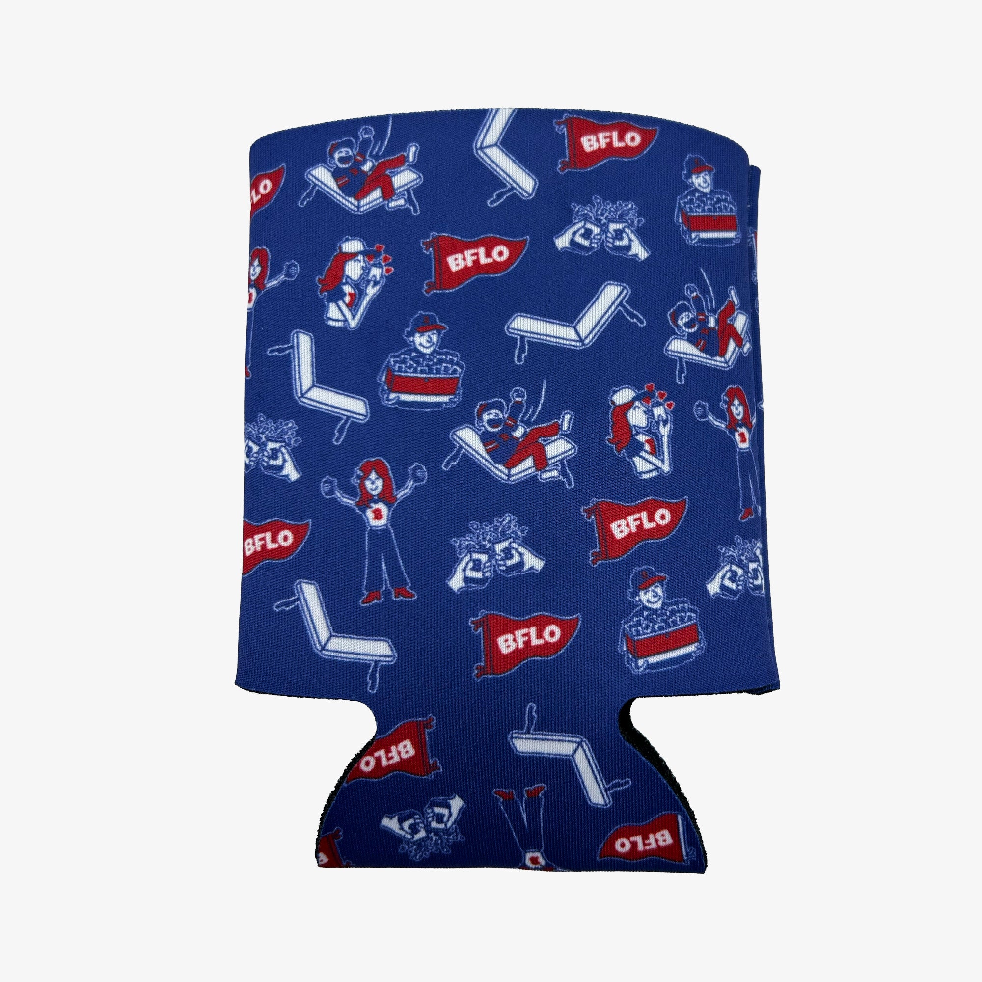 A blue can cooler sleeve featuring a repeating pattern of a cartoon character, white lounge chairs, and red and white 'BFLO' flags, shown against a plain light gray background.