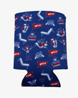 A blue can cooler sleeve featuring a repeating pattern of a cartoon character, white lounge chairs, and red and white 'BFLO' flags, shown against a plain light gray background.