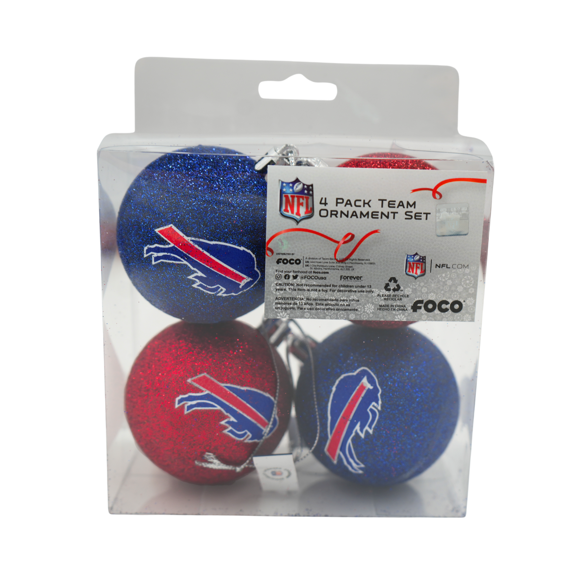 Buffalo Bills 4 Pack Red & Blue Glitter Ball Ornaments
