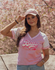 Women's New Era Bills Glitter & Pink V-Neck T-Shirt