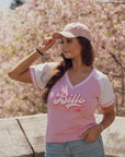 Women's New Era Bills Glitter & Pink V-Neck T-Shirt