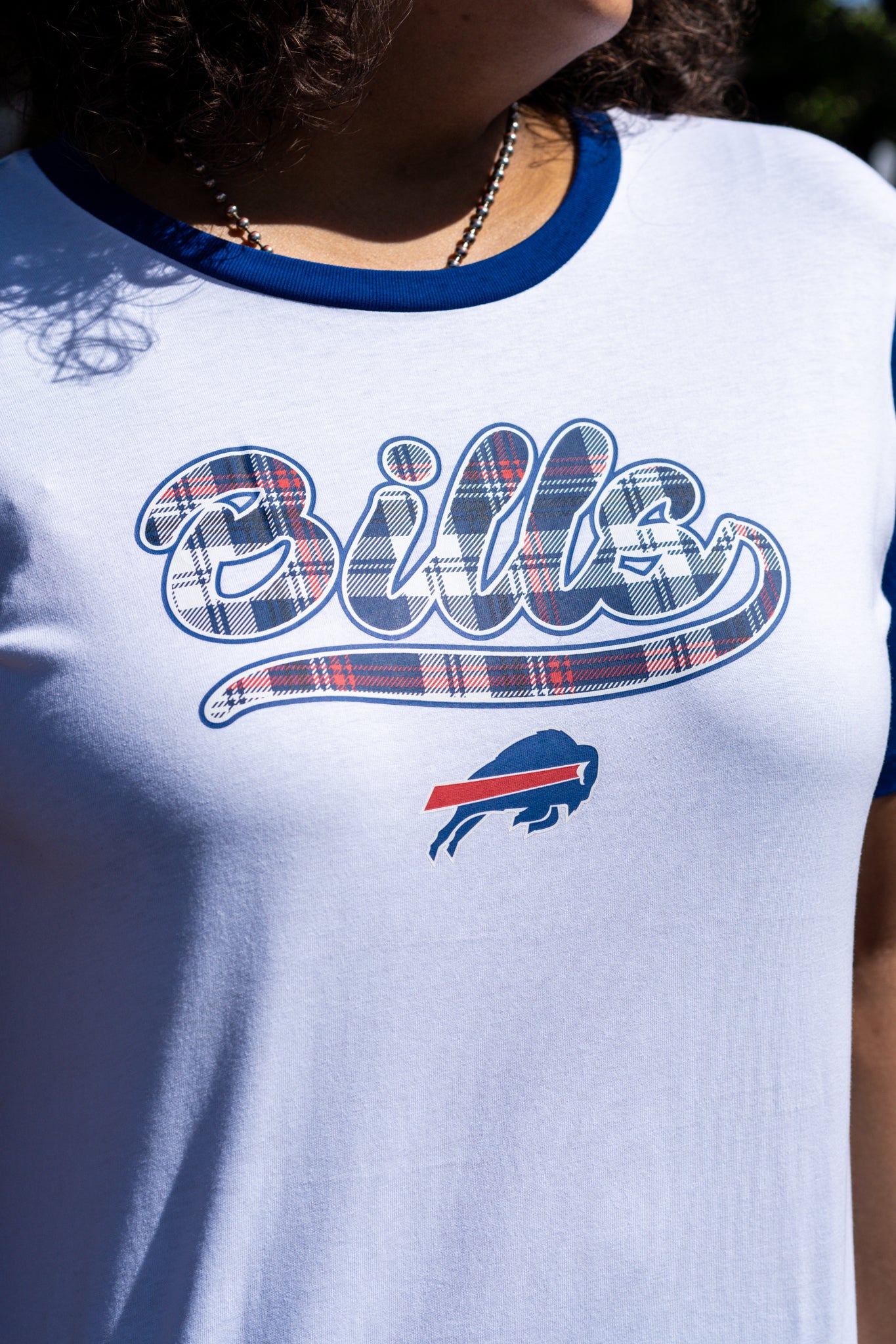 Women&#39;s New Era Bills Plaid Wordmark 3rd Down T-Shirt