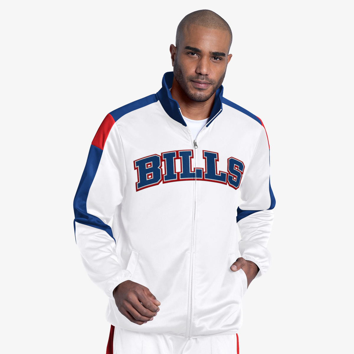 G-III Buffalo Bills white full-zip track jacket featuring large blue BILLS lettering outlined in red, royal blue and red sleeve accents, and a stand-up collar.