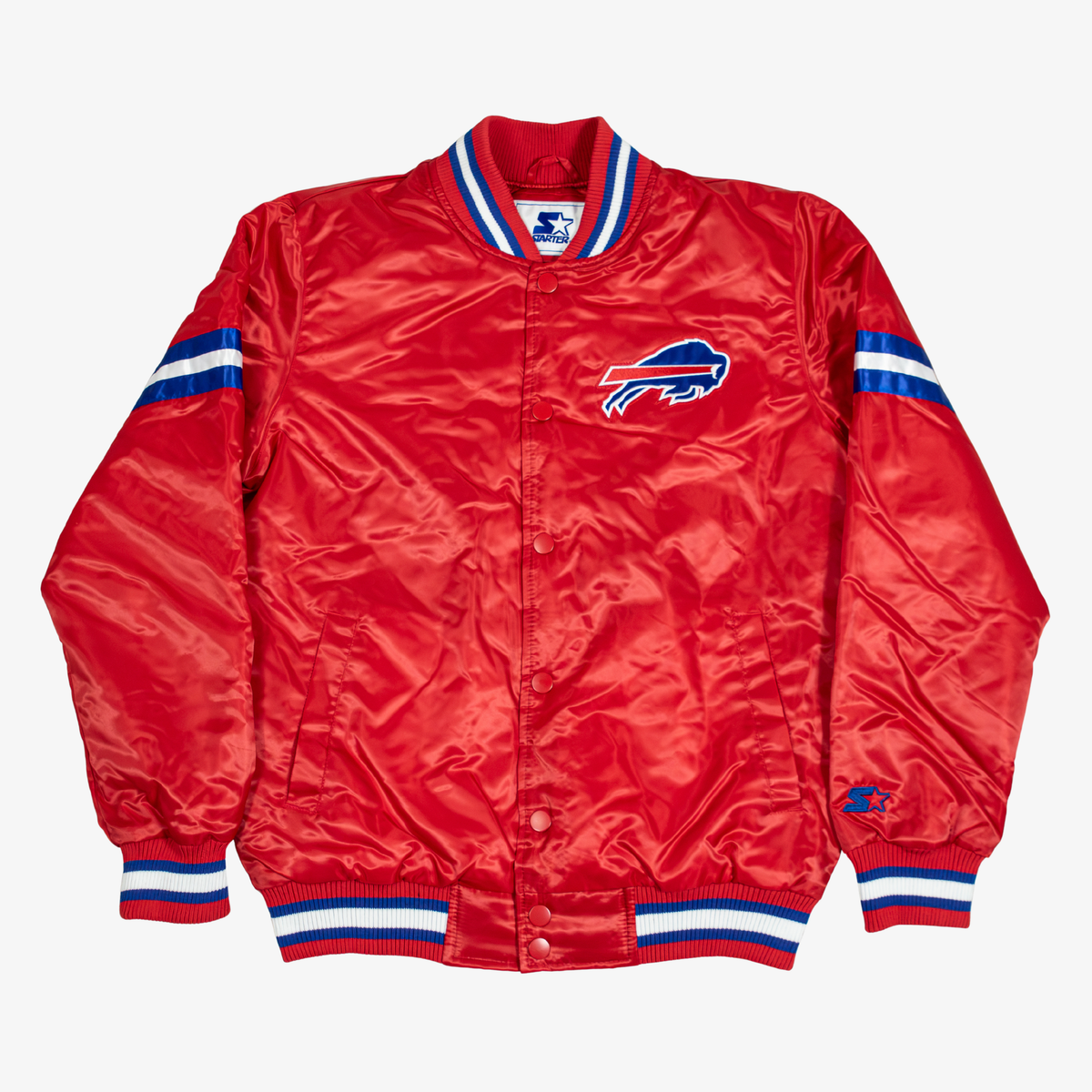 Starter Buffalo Bills red satin varsity jacket featuring an embroidered charging buffalo chest logo, blue and white sleeve stripes, snap-button front, and striped rib-knit trim.