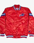 Starter Buffalo Bills red satin varsity jacket featuring an embroidered charging buffalo chest logo, blue and white sleeve stripes, snap-button front, and striped rib-knit trim.