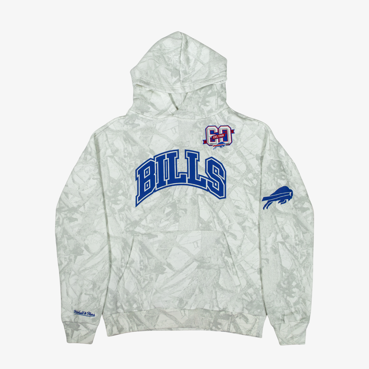 Mitchell &amp; Ness Buffalo Bills Ghosted Camo Pullover Hoodie in white and light gray woodland camouflage with blue BILLS lettering, 1960 patch, and sleeve logo.