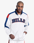 G-III Buffalo Bills white full-zip track jacket featuring large blue BILLS lettering outlined in red, royal blue and red sleeve accents, and a stand-up collar.