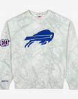 Mitchell & Ness Buffalo Bills Ghosted Camo Crewneck Sweatshirt in white and light gray camouflage with large royal blue charging buffalo logo and 1960 sleeve patch.