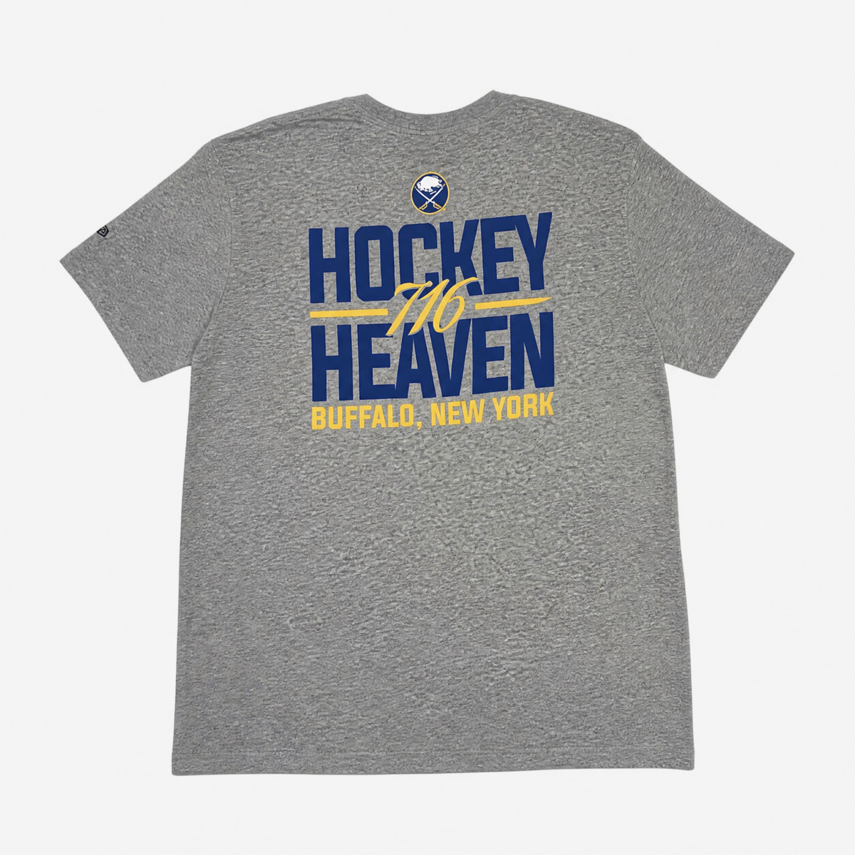 New Era Buffalo Sabres gray T-shirt with 716 chest graphic and Hockey Heaven back design
