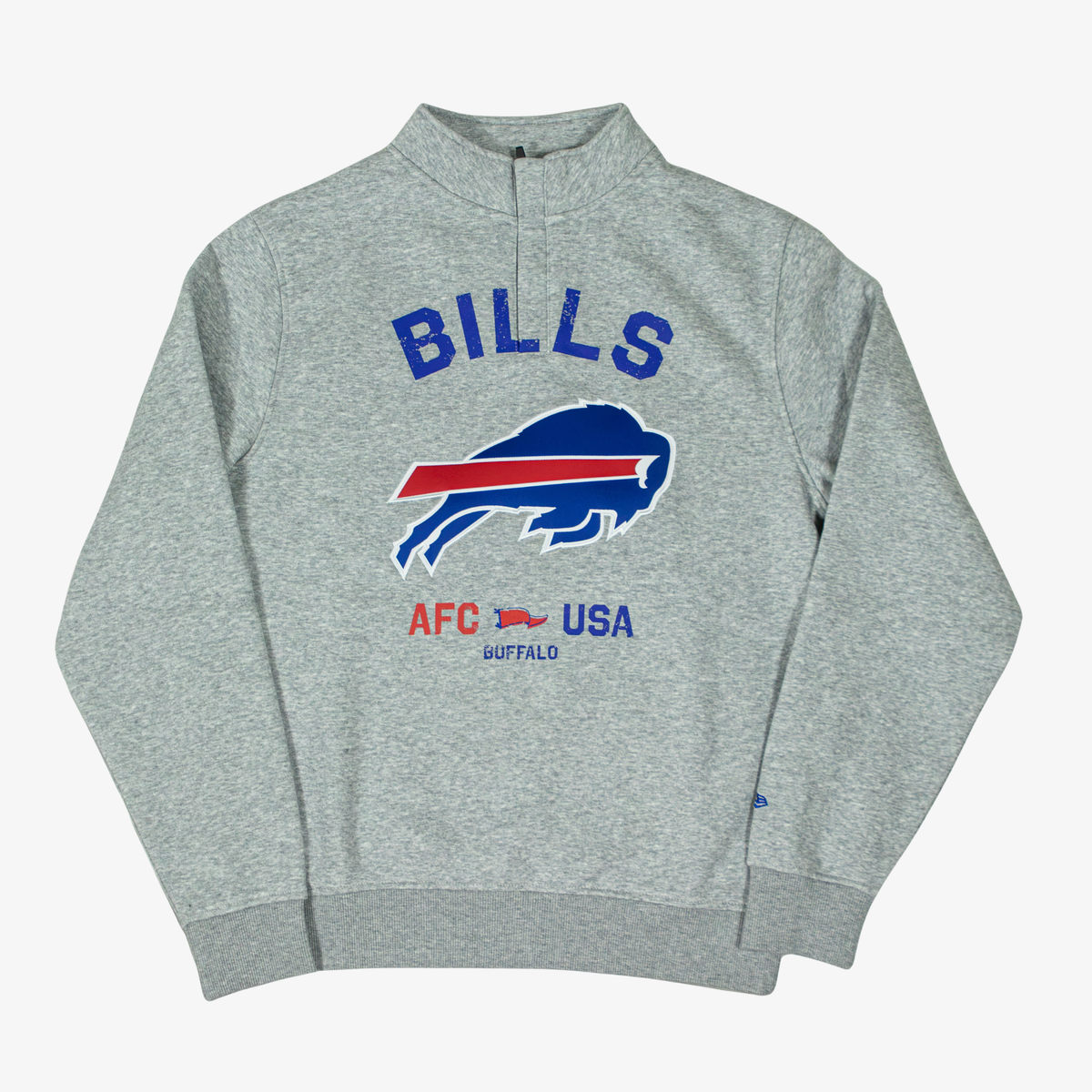 New Era Buffalo Bills heather gray quarter-zip pullover featuring distressed blue BILLS lettering, a large charging buffalo logo, and AFC USA Buffalo graphics.