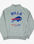 New Era Buffalo Bills heather gray quarter-zip pullover featuring distressed blue BILLS lettering, a large charging buffalo logo, and AFC USA Buffalo graphics.