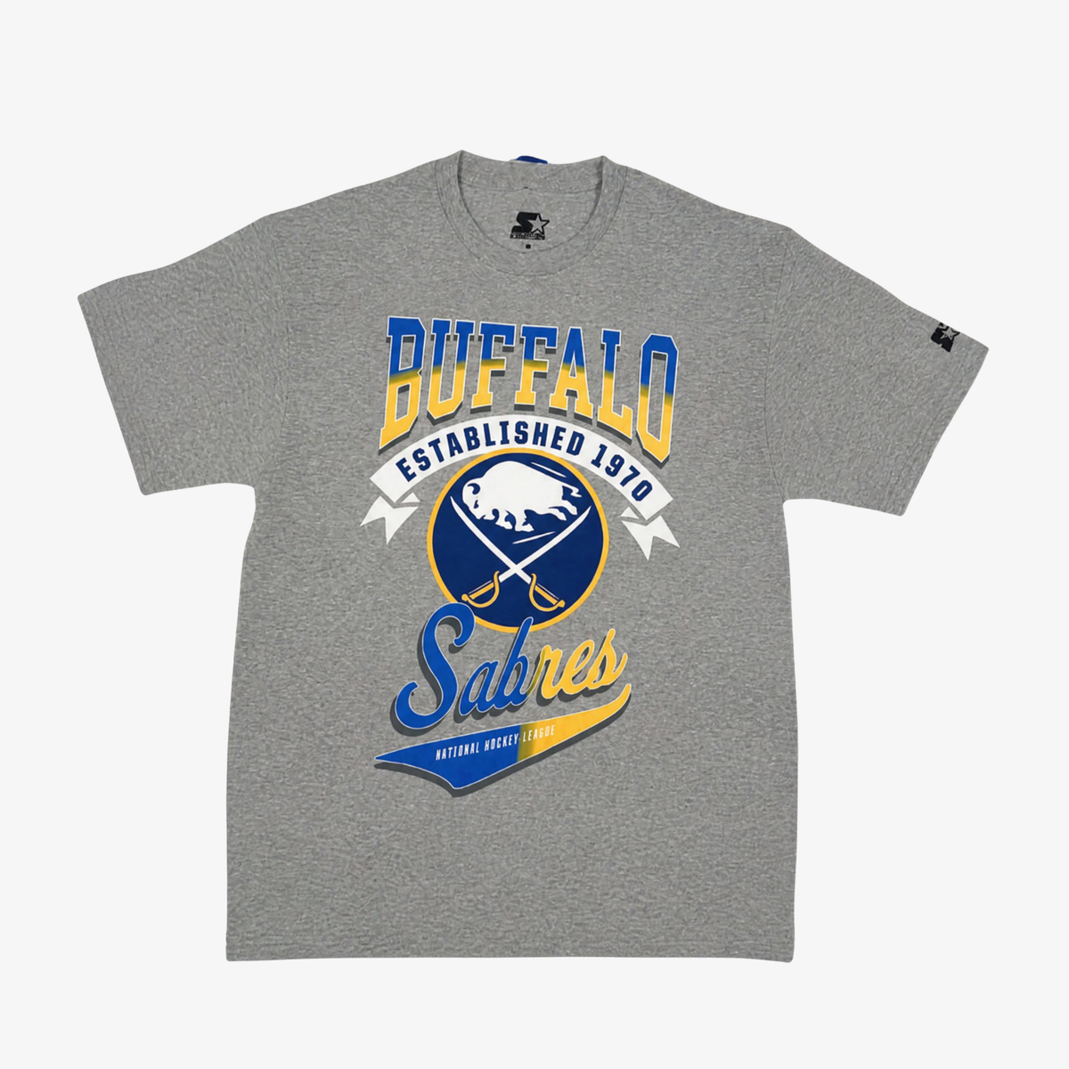 Starter Buffalo Sabres heather gray short-sleeve T-shirt featuring blue and gold BUFFALO lettering, an Established 1970 banner, crossed-swords logo, and retro Sabres script.