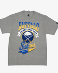 Starter Buffalo Sabres heather gray short-sleeve T-shirt featuring blue and gold BUFFALO lettering, an Established 1970 banner, crossed-swords logo, and retro Sabres script.