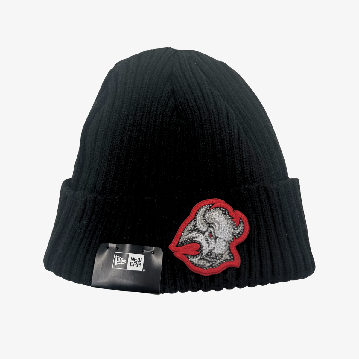 New Era Buffalo Sabres black ribbed cuffed knit hat featuring a retro buffalo head logo embellished with silver rhinestones and red embroidery.