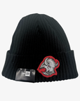 New Era Buffalo Sabres black ribbed cuffed knit hat featuring a retro buffalo head logo embellished with silver rhinestones and red embroidery.