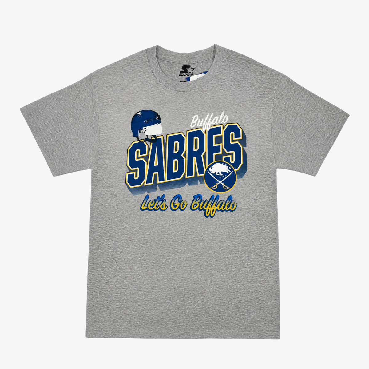 Starter Buffalo Sabres gray T-shirt with Sabres lettering, hockey helmet and Let's Go Buffalo graphic
