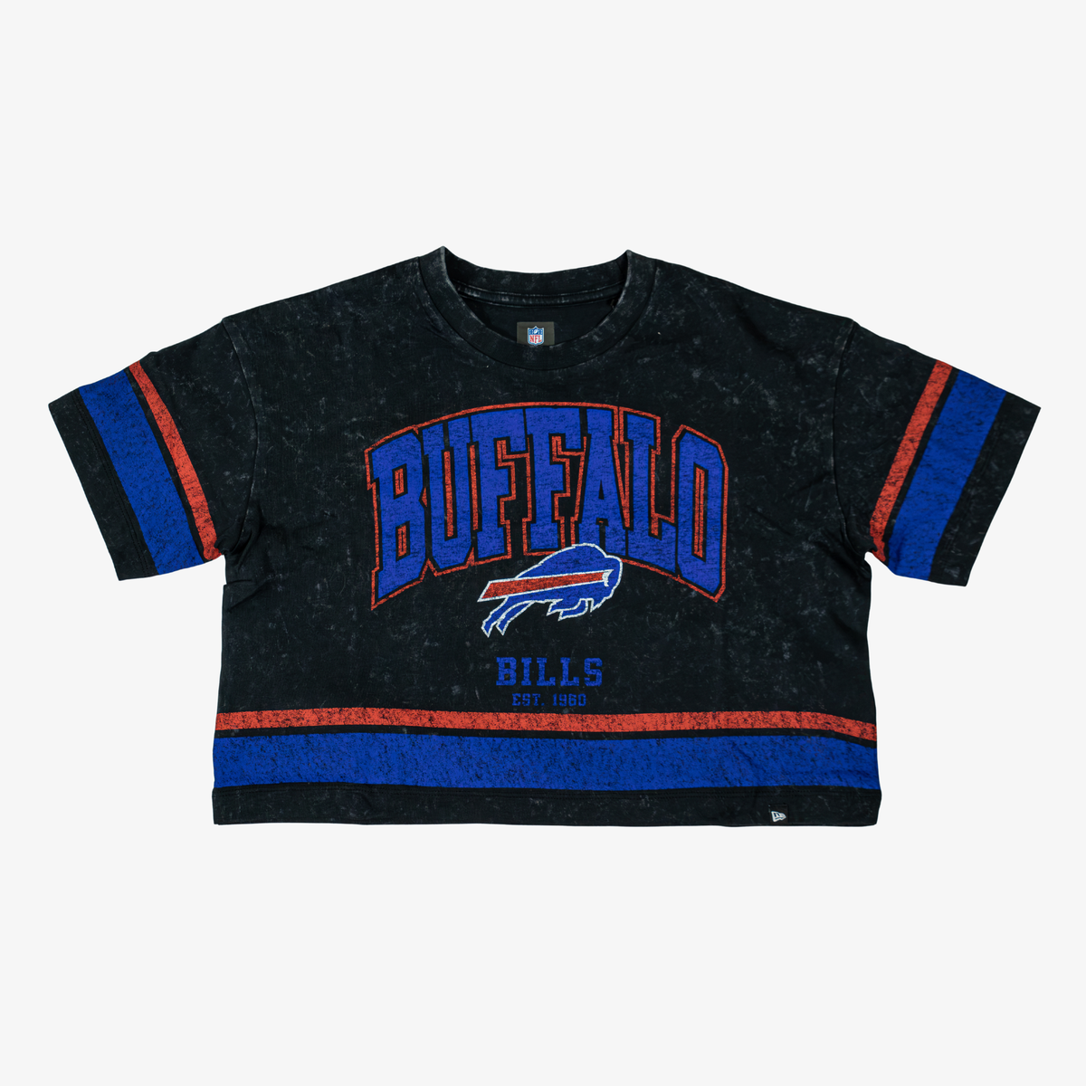 New Era women's Buffalo Bills washed black boxy cropped T-shirt featuring distressed blue BUFFALO lettering, charging buffalo logo, and red and blue stripes.