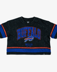 New Era women's Buffalo Bills washed black boxy cropped T-shirt featuring distressed blue BUFFALO lettering, charging buffalo logo, and red and blue stripes.