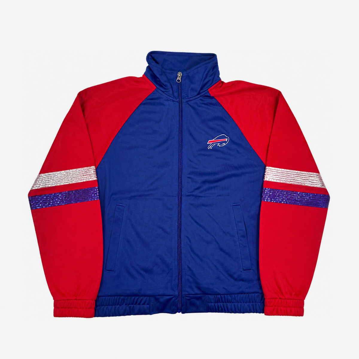Women's Buffalo Bills royal and red Starter jacket with striped sleeves and team logos