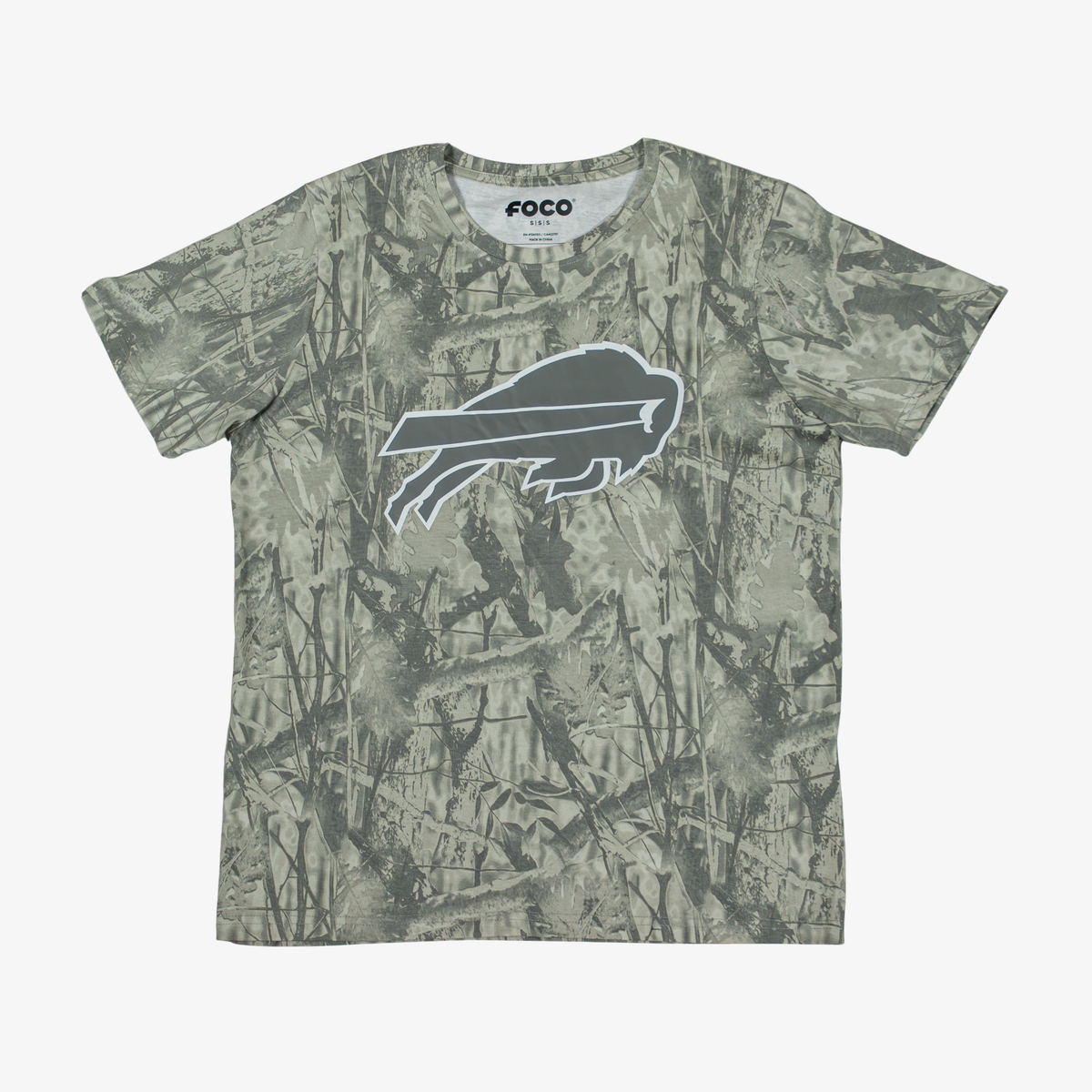 Buffalo Bills short-sleeve rash guard shirt featuring an allover olive green and gray woodland camouflage pattern, large tonal charging buffalo logo, and crew neckline.