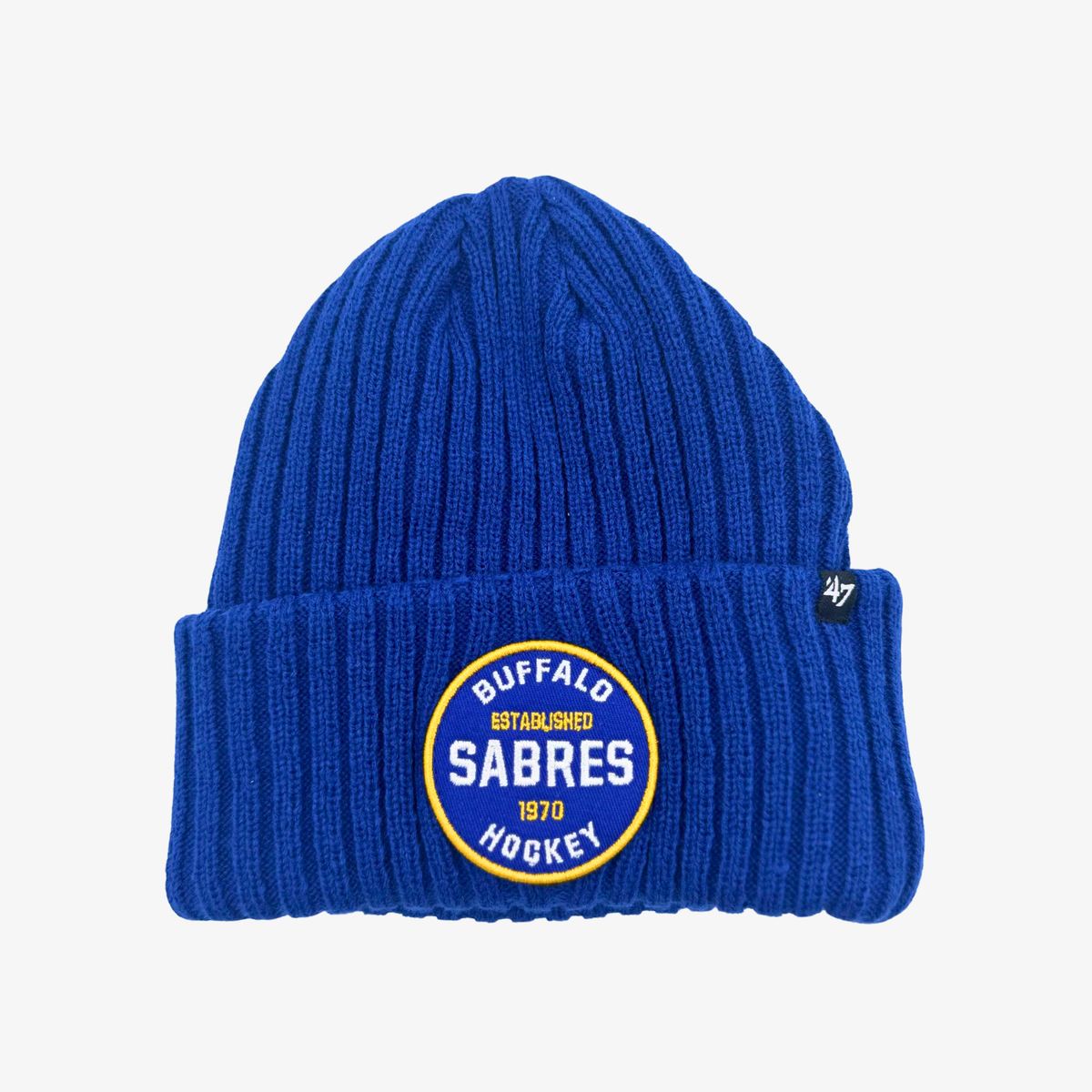 '47 Brand Buffalo Sabres royal blue cuffed knit hat with double-sided embroidered team graphics