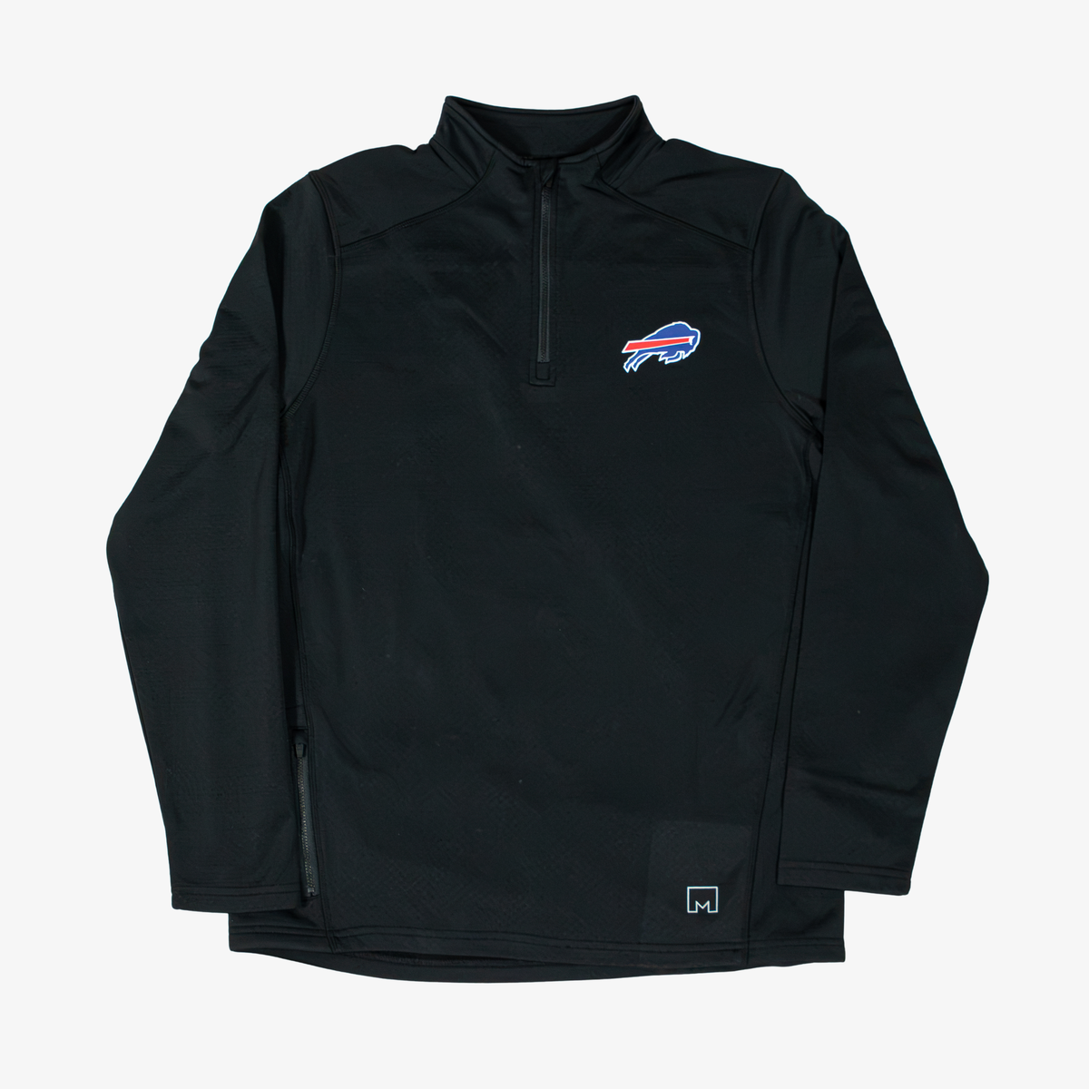Black MSX by Michael Strahan Buffalo Bills quarter-zip pullover featuring a charging buffalo logo on the left chest, stand-up collar, and zippered side pocket.