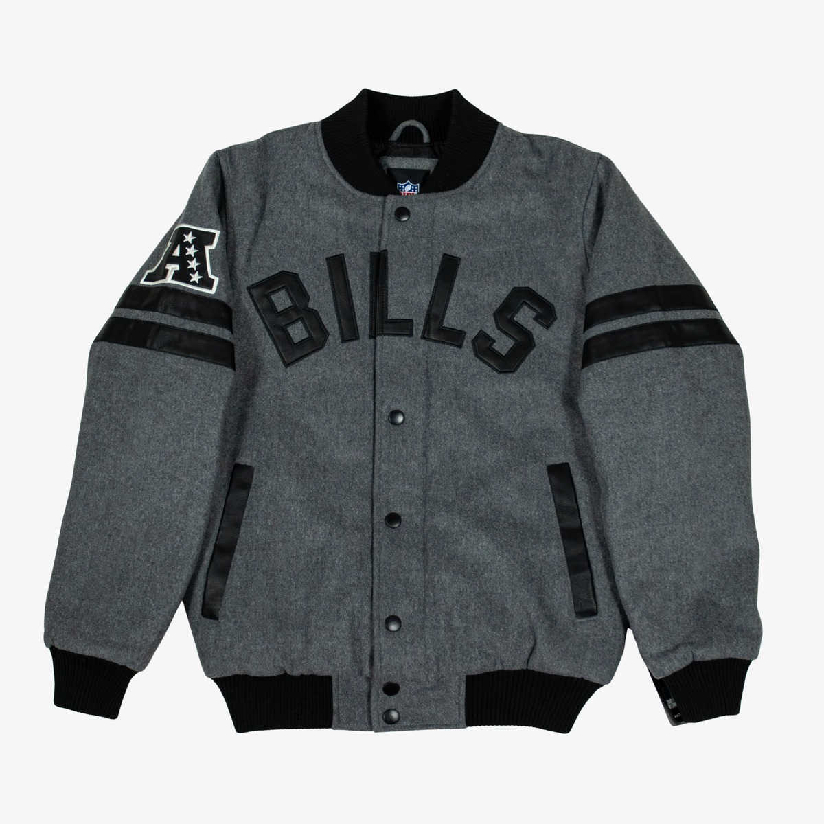 Starter Buffalo Bills charcoal gray and black varsity jacket featuring arched black BILLS lettering, AFC sleeve patch, black arm stripes, and snap-button front.
