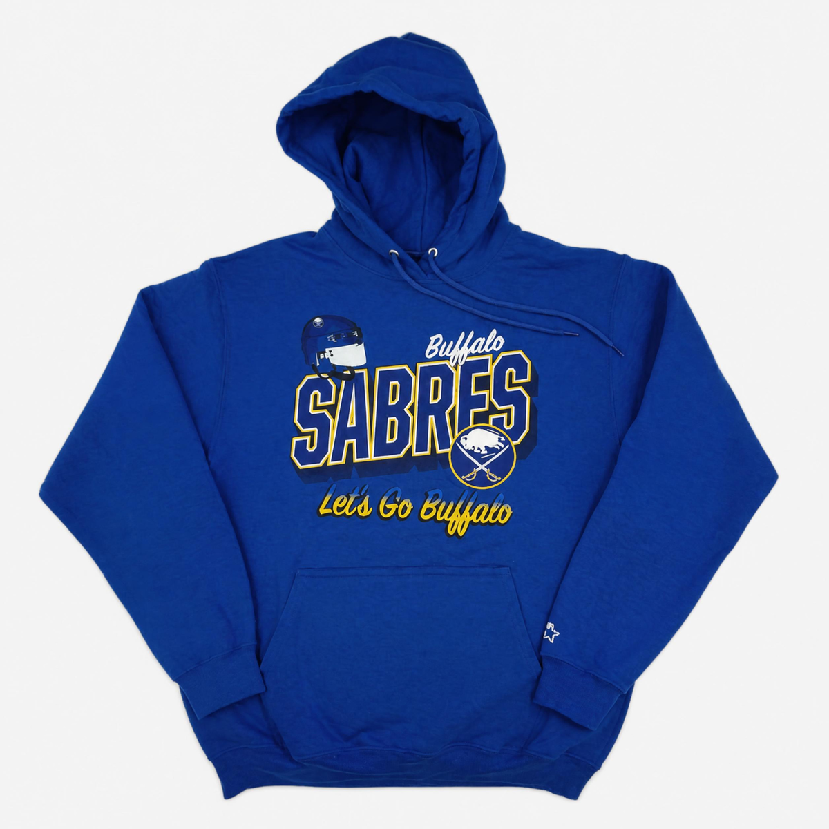 Starter Buffalo Sabres royal blue hoodie with Sabres lettering, hockey helmet and Let's Go Buffalo graphic