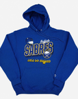 Starter Buffalo Sabres royal blue hoodie with Sabres lettering, hockey helmet and Let's Go Buffalo graphic