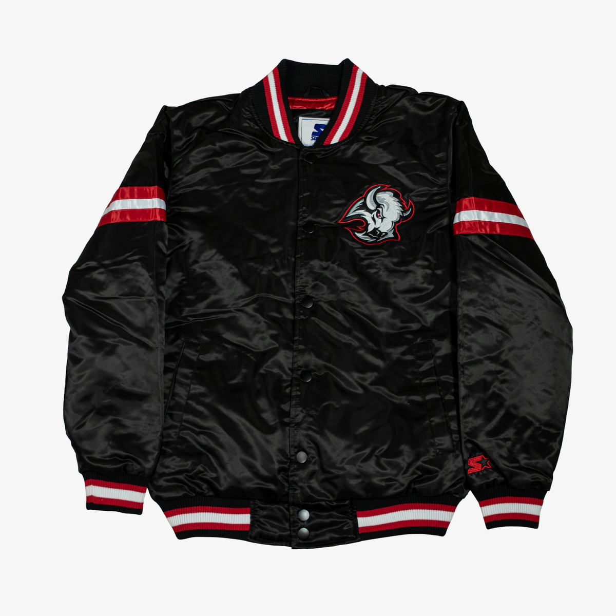 Starter Buffalo Sabres black satin varsity jacket featuring the retro buffalo head logo, red and white sleeve stripes, snap-button closure, and striped rib-knit trim.