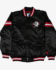Starter Buffalo Sabres black satin varsity jacket featuring the retro buffalo head logo, red and white sleeve stripes, snap-button closure, and striped rib-knit trim.