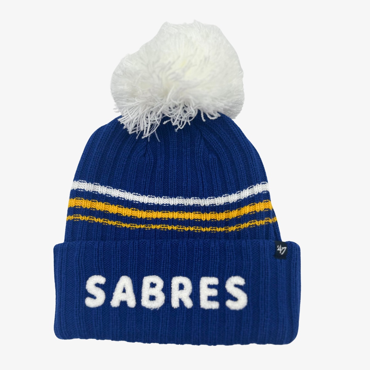 '47 Brand Women's Buffalo Sabres royal blue pom knit hat with white Sabres lettering and team logo