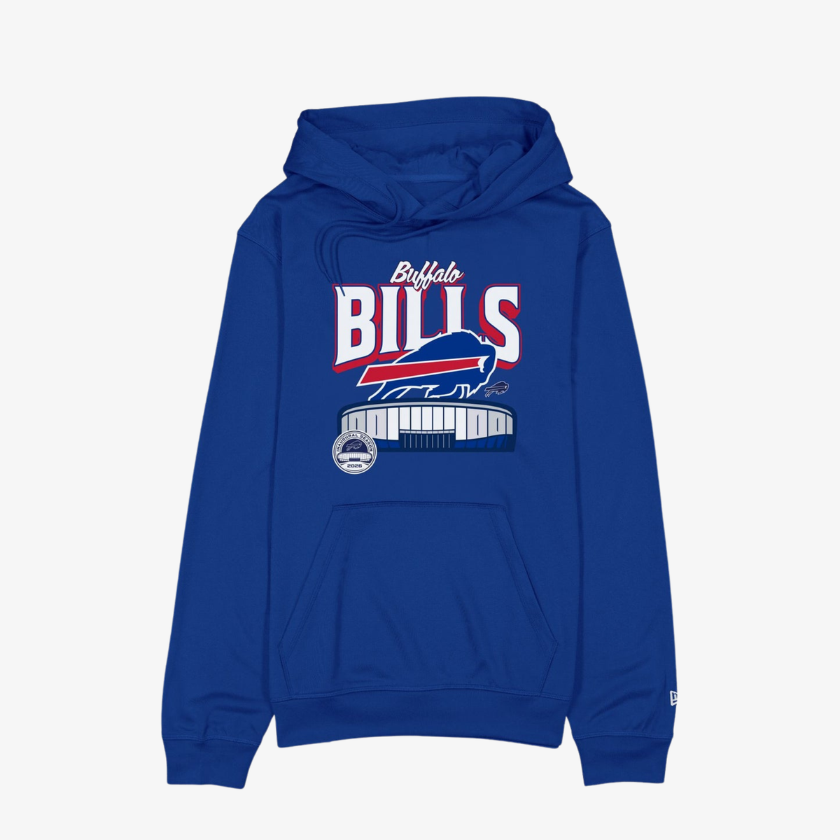 New Era Buffalo Bills royal blue hoodie with team logo and New Highmark Stadium graphic