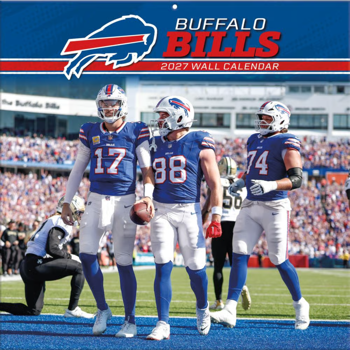 Buffalo Bills 2027 12 x 12 inch wall calendar featuring Josh Allen, Dawson Knox, and Connor McGovern in royal blue Bills uniforms with the team logo above.