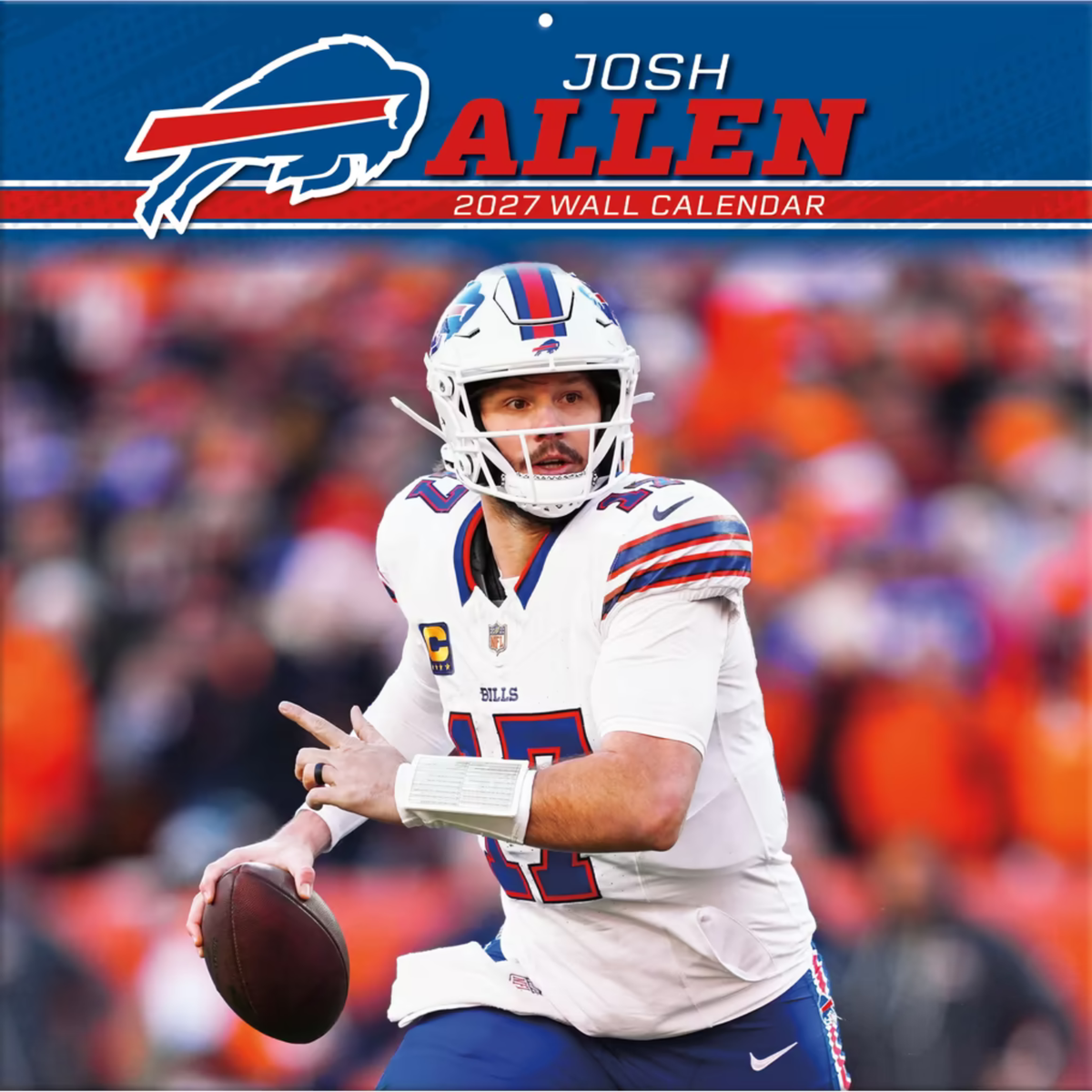 Josh Allen Buffalo Bills 2027 12 x 12 inch wall calendar featuring the quarterback in a white Bills uniform holding a football, with team logo and blue and red graphics.