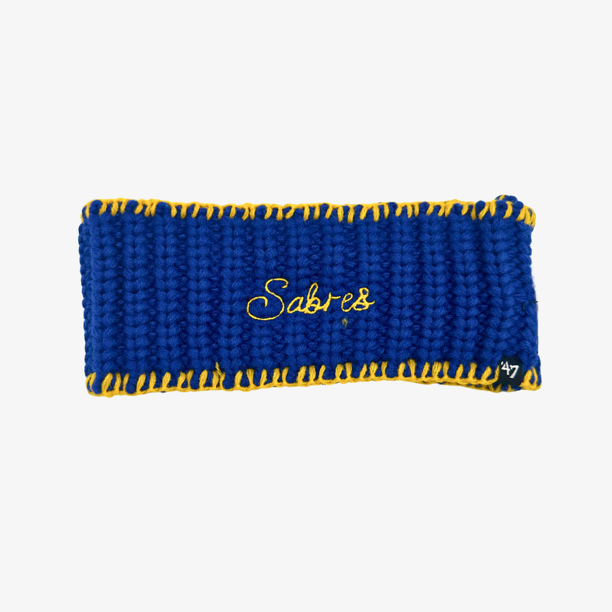 '47 Brand Women's Buffalo Sabres royal blue chunky knit headband with gold embroidered Sabres script and contrasting gold trim.