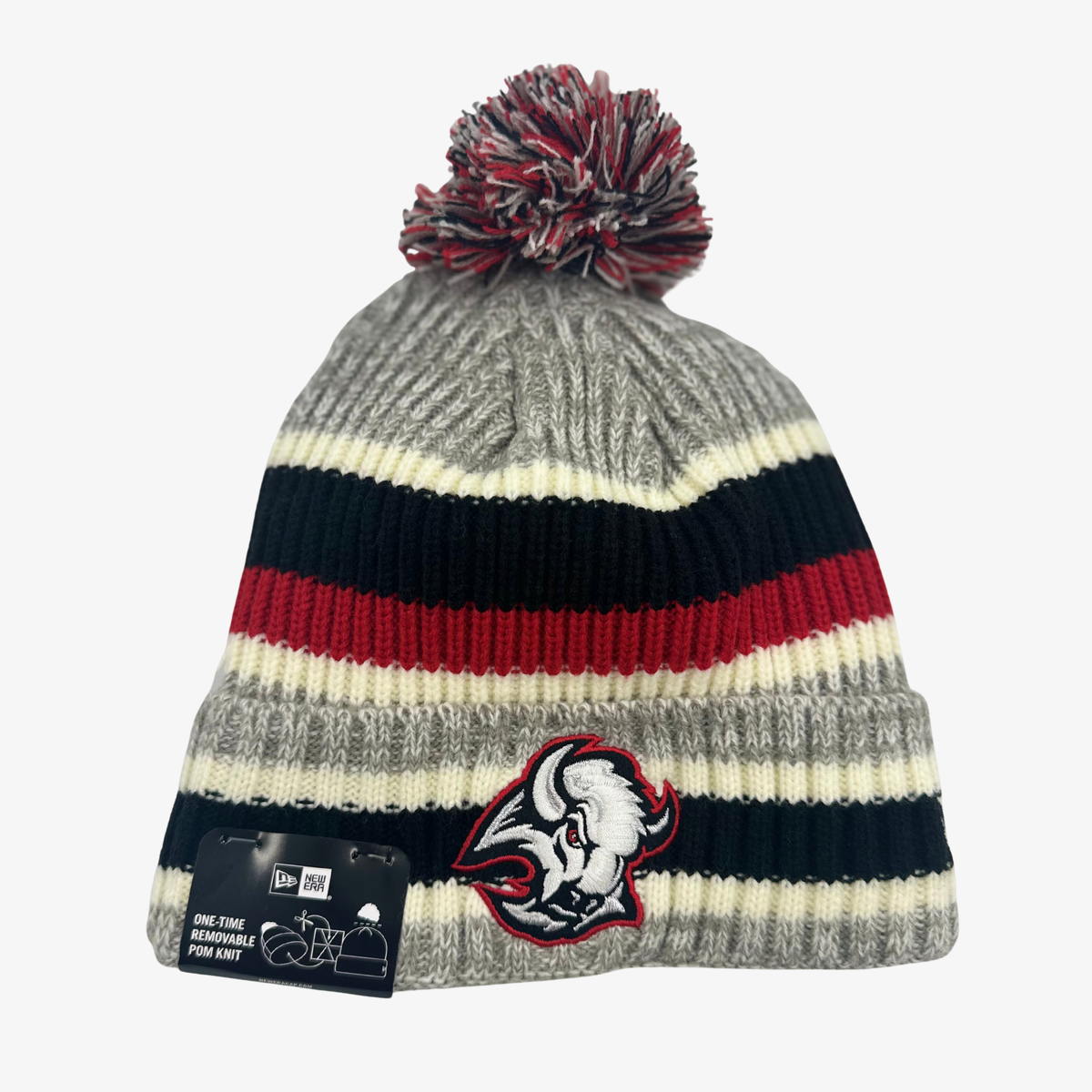 New Era Buffalo Sabres gray striped pom knit hat with embroidered alternate logo