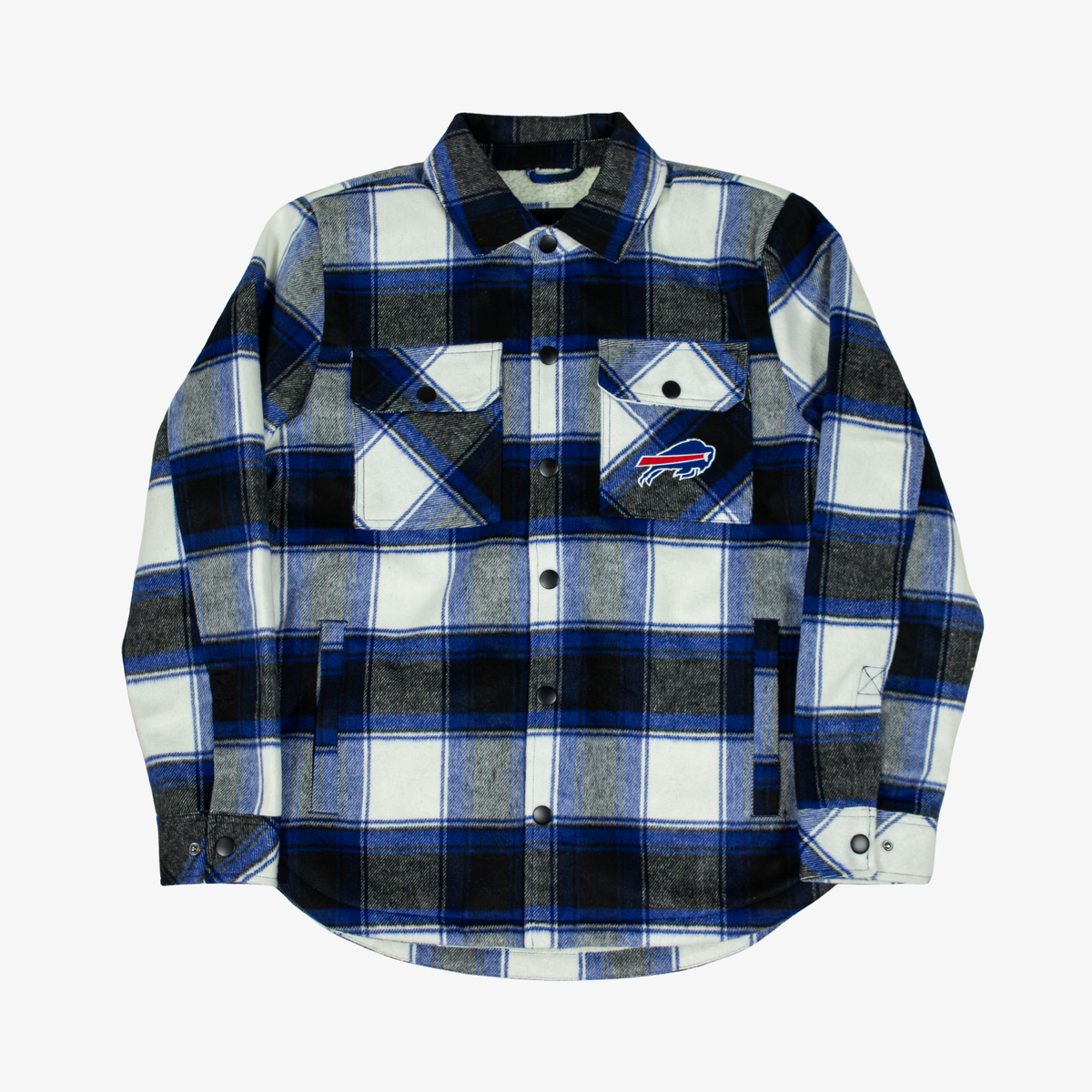 G-III Sports Buffalo Bills royal blue, black, white, and gray plaid flannel shirt jacket featuring an embroidered charging buffalo logo, snap-button front, and chest pockets.