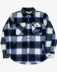 G-III Sports Buffalo Bills royal blue, black, white, and gray plaid flannel shirt jacket featuring an embroidered charging buffalo logo, snap-button front, and chest pockets.