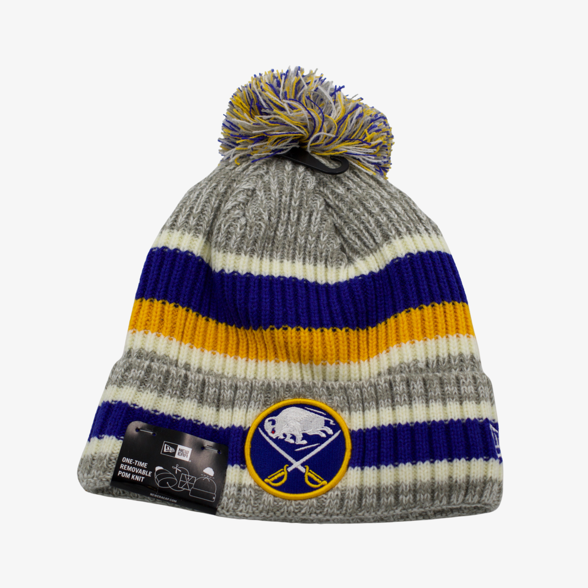 New Era Buffalo Sabres gray striped pom knit hat with embroidered team logo