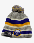 New Era Buffalo Sabres gray striped pom knit hat with embroidered team logo