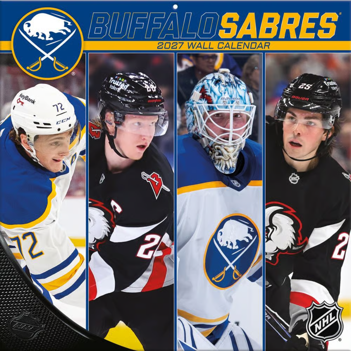 Buffalo Sabres 2027 12 x 12 inch wall calendar featuring four Sabres hockey players, the crossed-swords team logo, and royal blue and gold graphics.