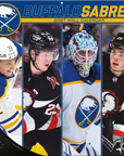 Buffalo Sabres 2027 12 x 12 inch wall calendar featuring four Sabres hockey players, the crossed-swords team logo, and royal blue and gold graphics.