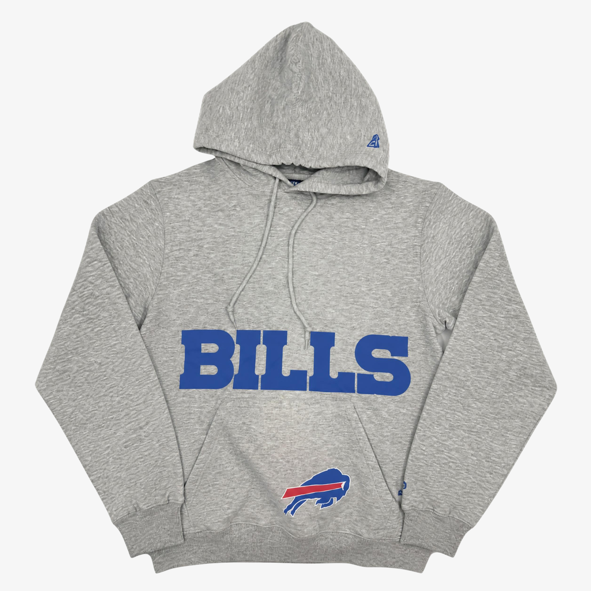 New Era Buffalo Bills gray hoodie with royal blue Bills wordmark and team logo